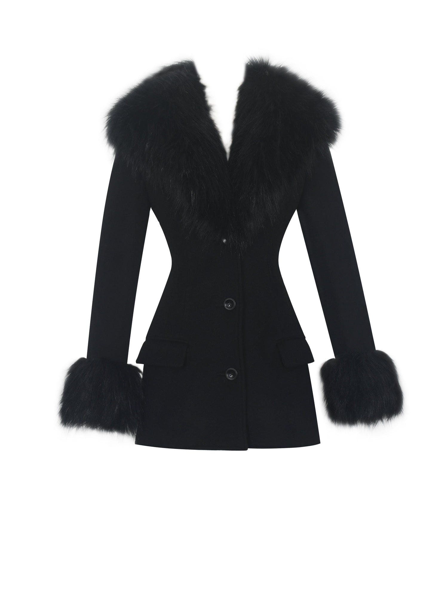 Hailee Single Breasted Wool Blend Mini Coat with Removable Fur Lapel | Black