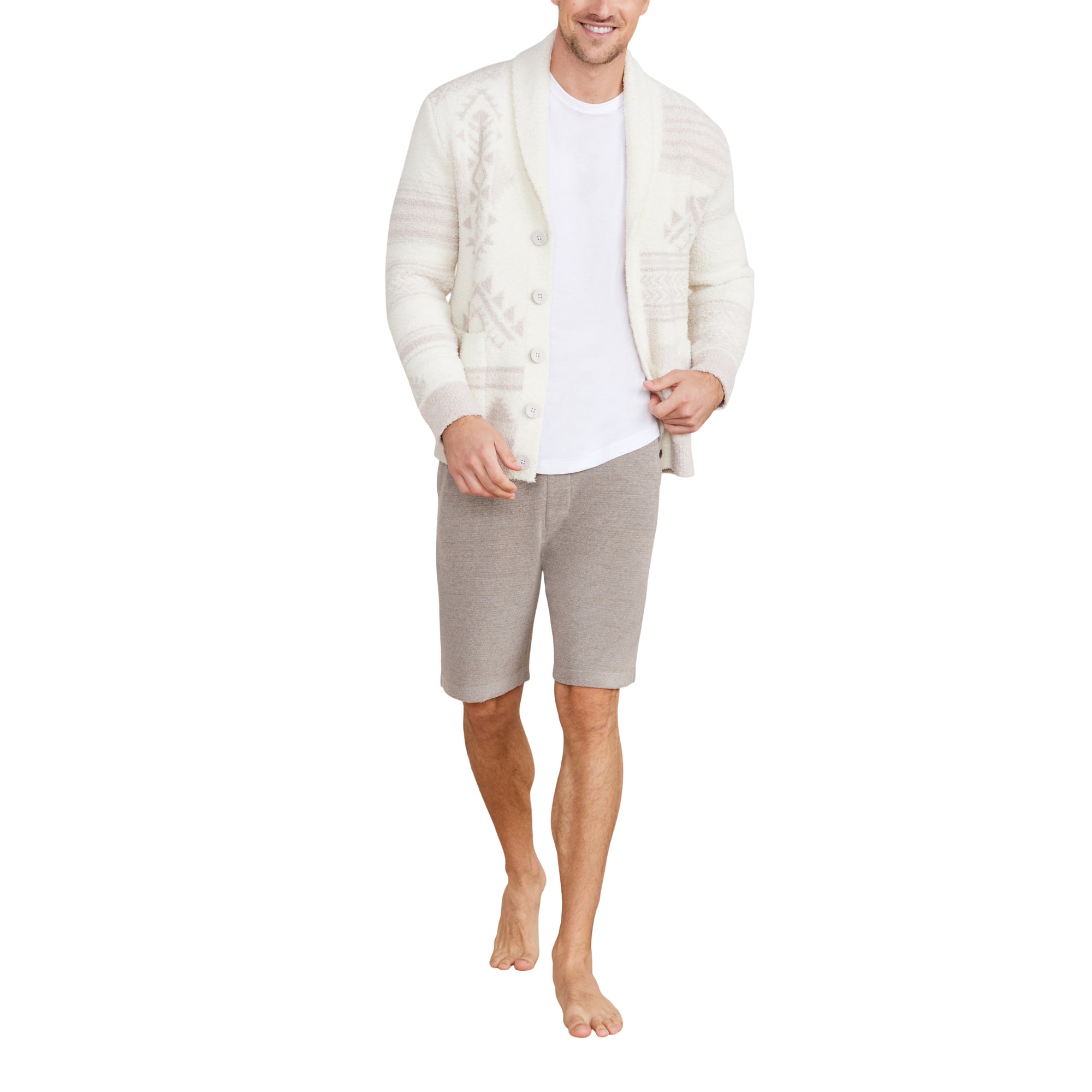 Cozychic Men's Patchwork Shawl Collar Cardi | Cream/Stone