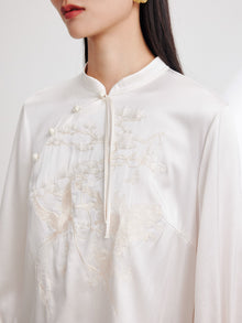 Neo-Chinese Silk Embroidered Stand Collar Shirt | White