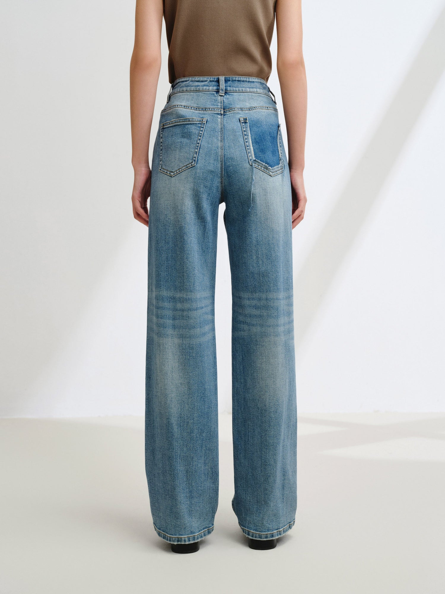 Rhinestone Cotton High-Waist Straight-Leg Jeans | Blue