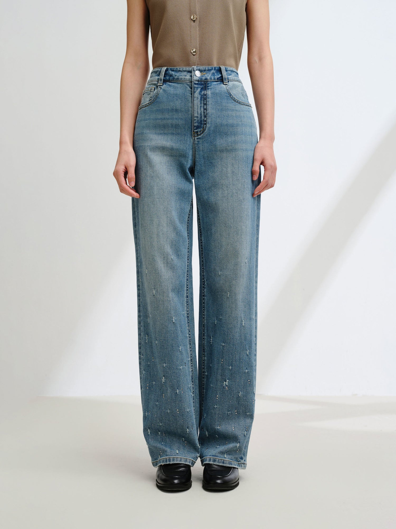Rhinestone Cotton High-Waist Straight-Leg Jeans | Blue