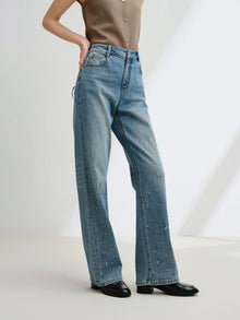Rhinestone Cotton High-Waist Straight-Leg Jeans | Blue