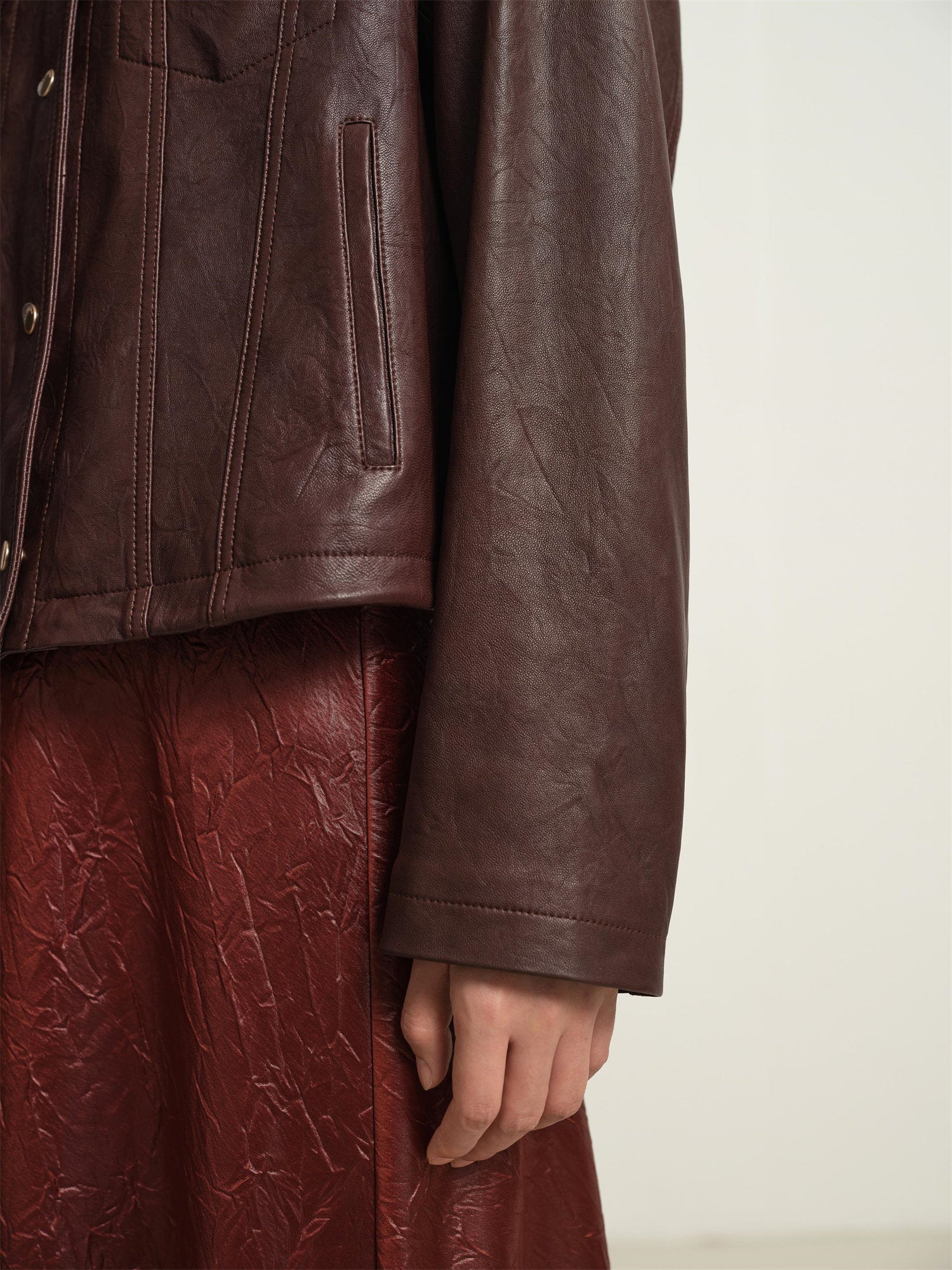 Leather Round Neck Leather Jacket | Brown