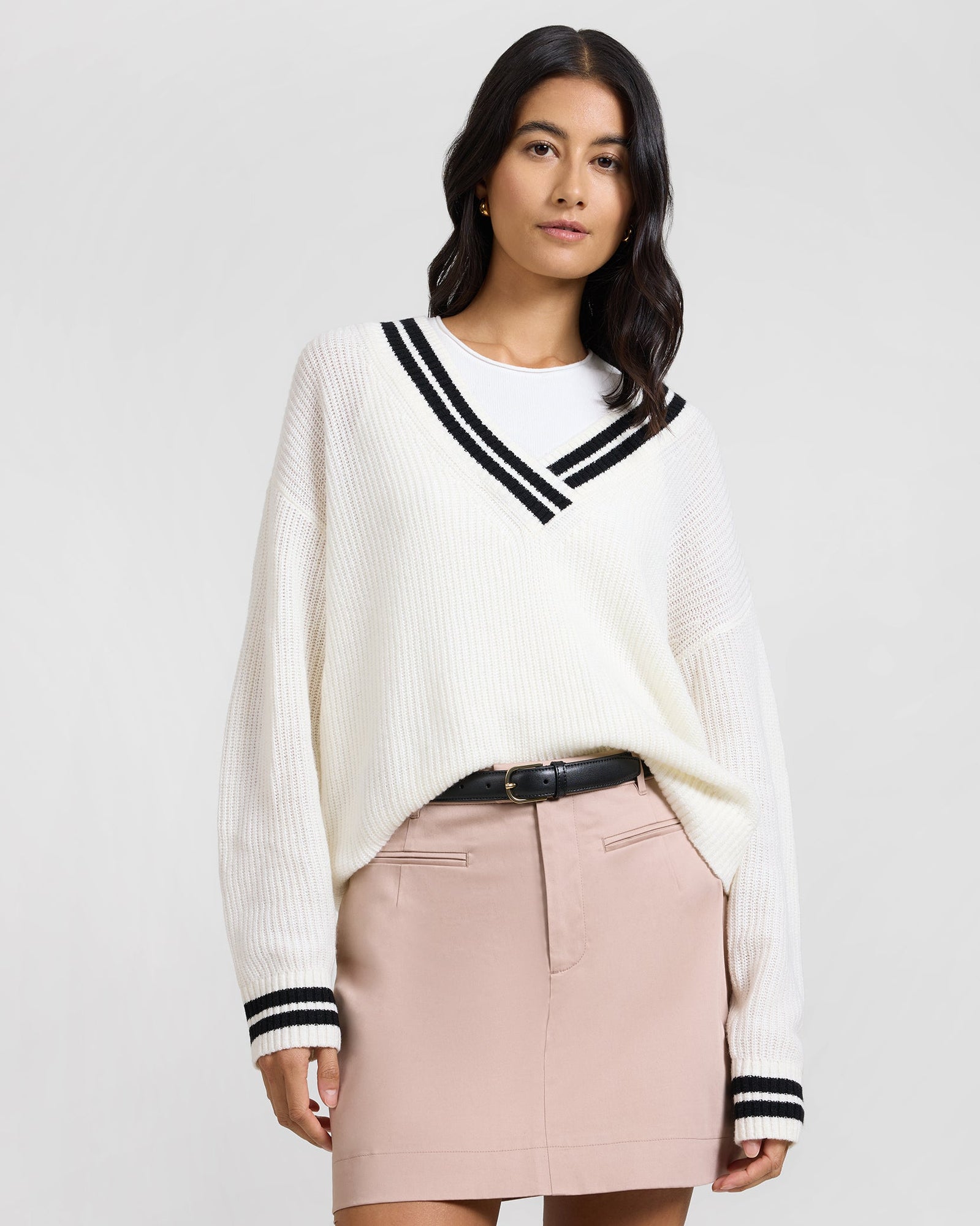 Womens | Deep V-neck Varsity Pullover Sweater | Off White/Black