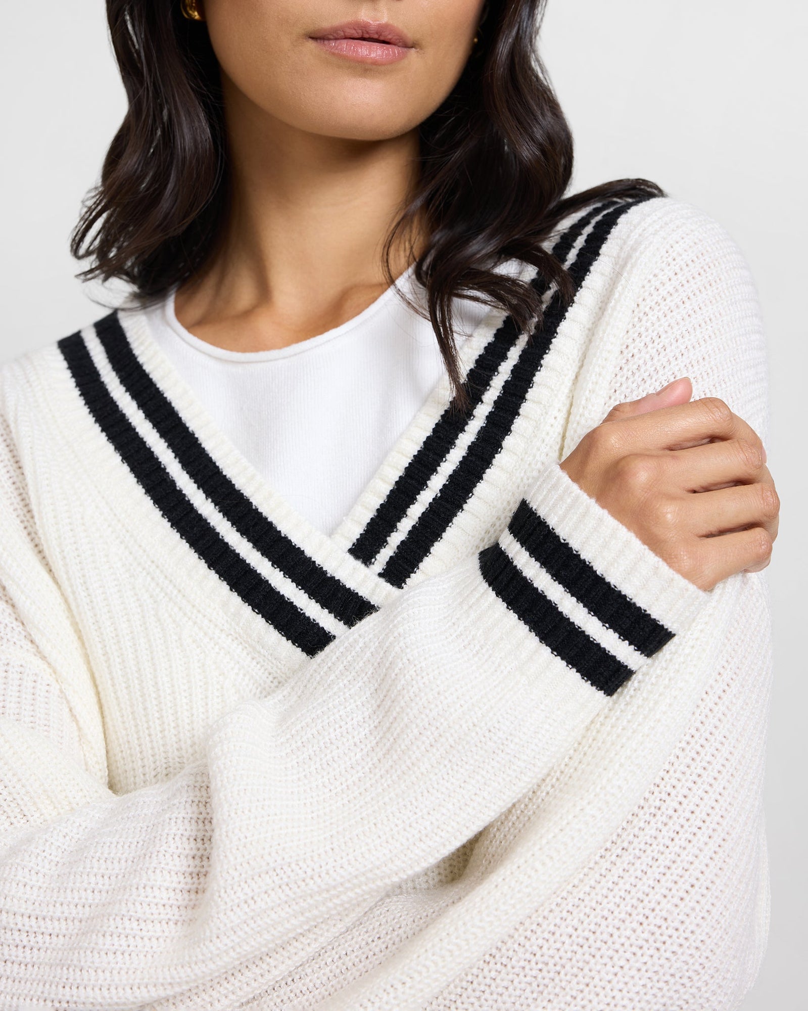 Womens | Deep V-neck Varsity Pullover Sweater | Off White/Black
