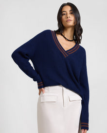 Womens | Deep V-neck Varsity Pullover Sweater | Noir Navy/Chestnut
