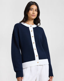 Womens | Cotton Fitted Cardigan | Noir Navy/White