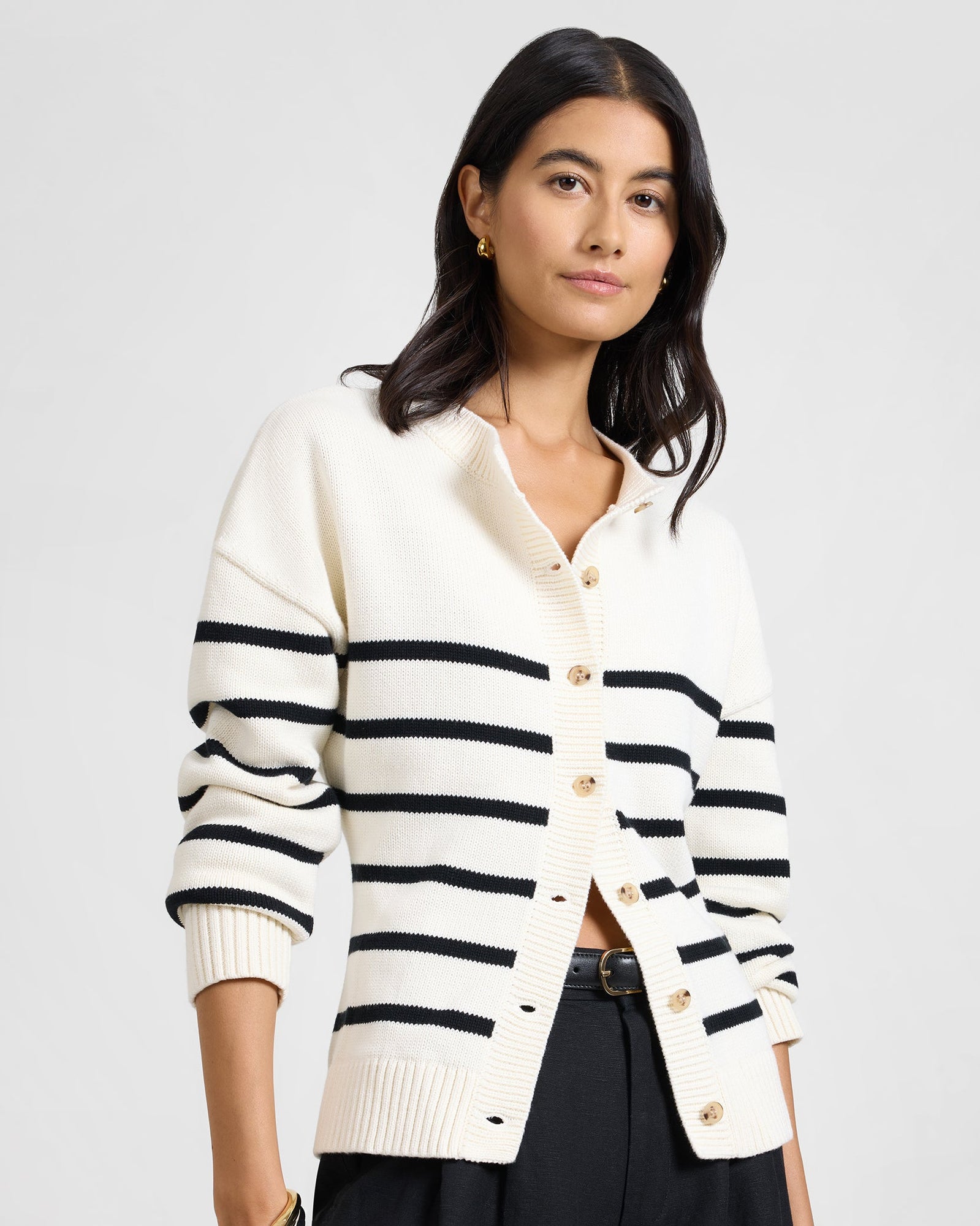 Womens | Cotton Fitted Cardigan | Off White/Black