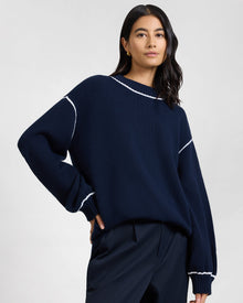 Womens | Cotton Oversized Mock Neck Sweater | Noir Navy/White