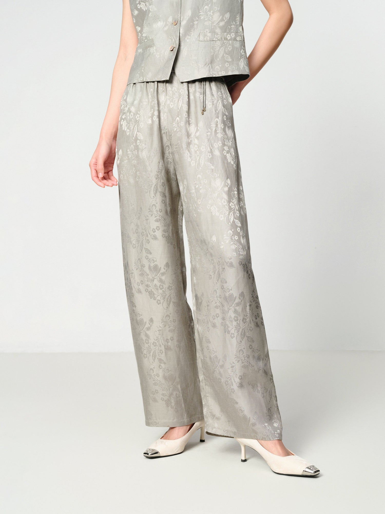 Linen Jacquard Wide-Leg Pants | Grey