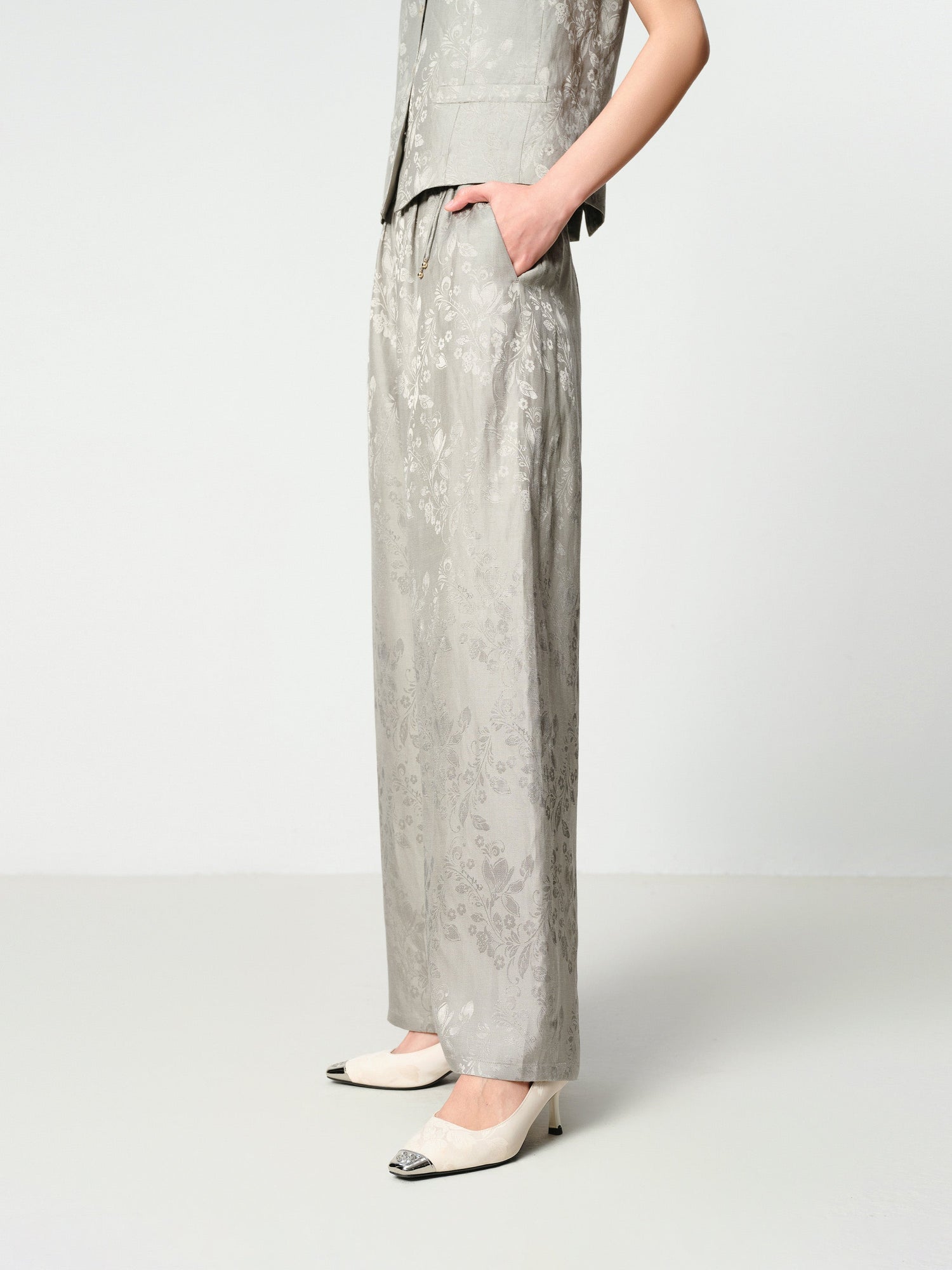 Linen Jacquard Wide-Leg Pants | Grey