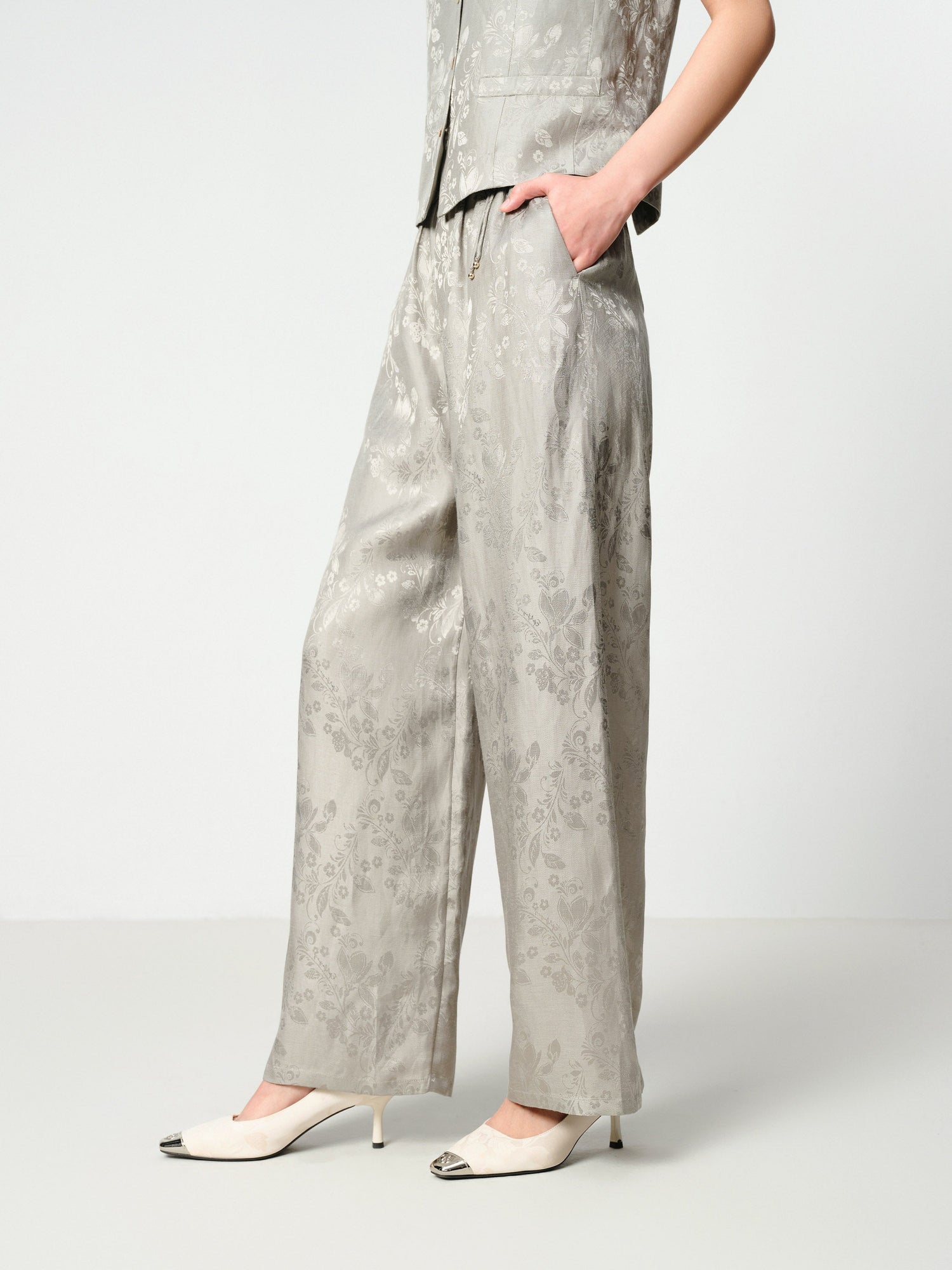 Linen Jacquard Wide-Leg Pants | Grey