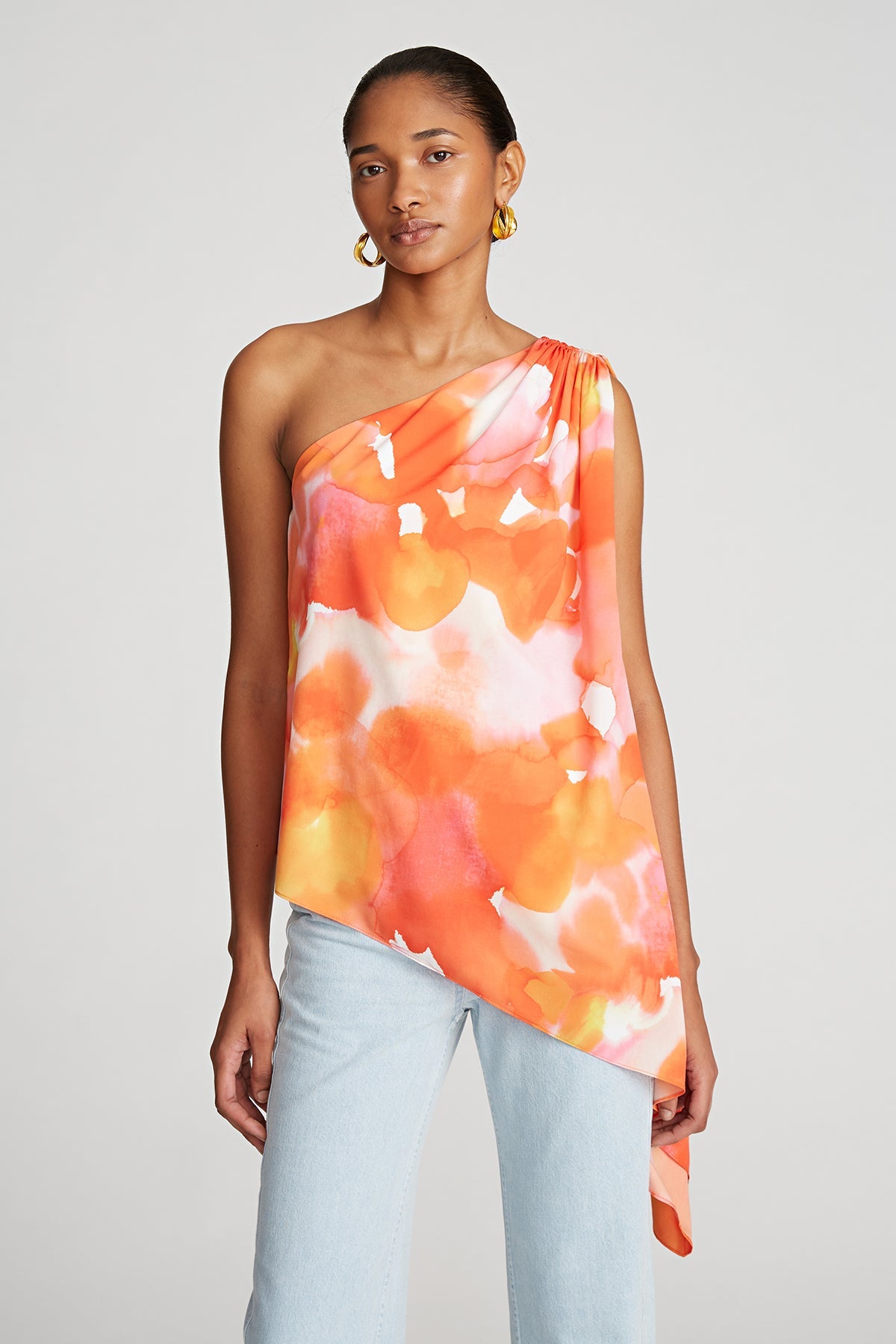 Halston | Steffi Top In Crepe De Chine | Sunset Watercolor Print
