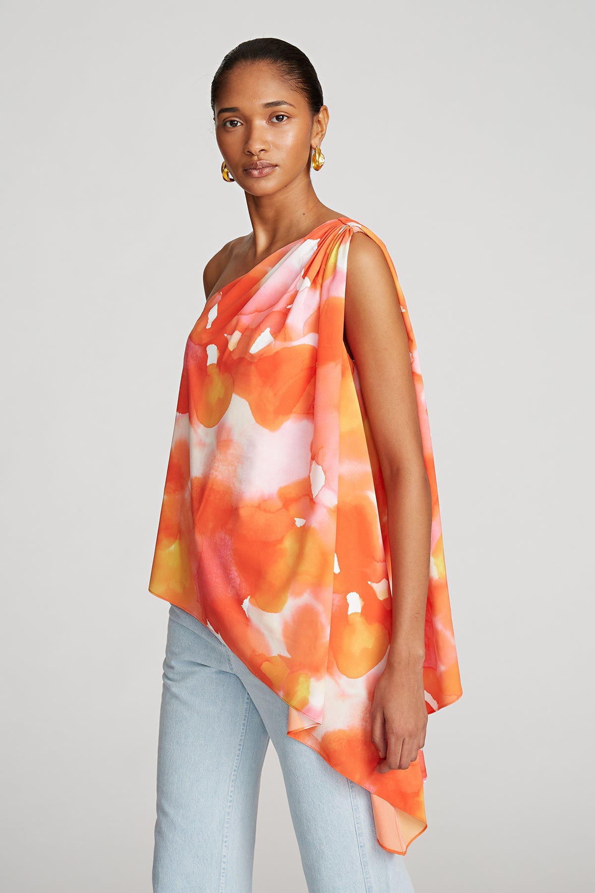 Halston | Steffi Top In Crepe De Chine | Sunset Watercolor Print