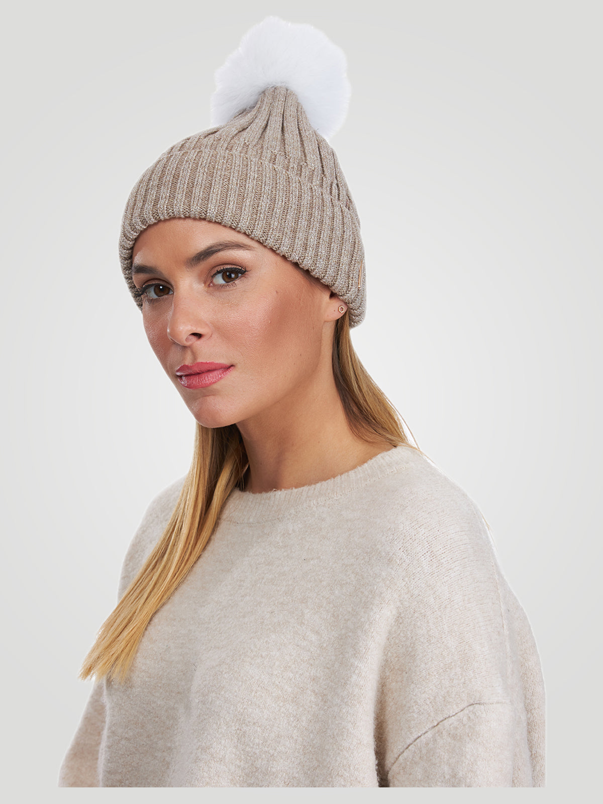 Metallic Wool Blend Hat With Fo Pompom | Women | Taupe x White