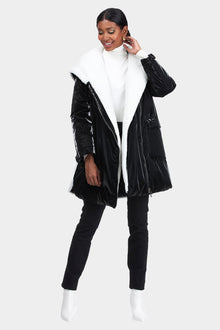 Asymmetric Quilted Parka With Shearling Lamb Trim | Women | Black x White