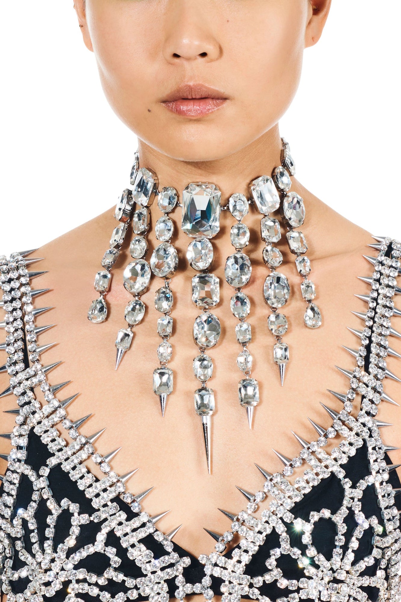 Crystal Spike Octagon Fringe Necklace | Clear/Antique Silver