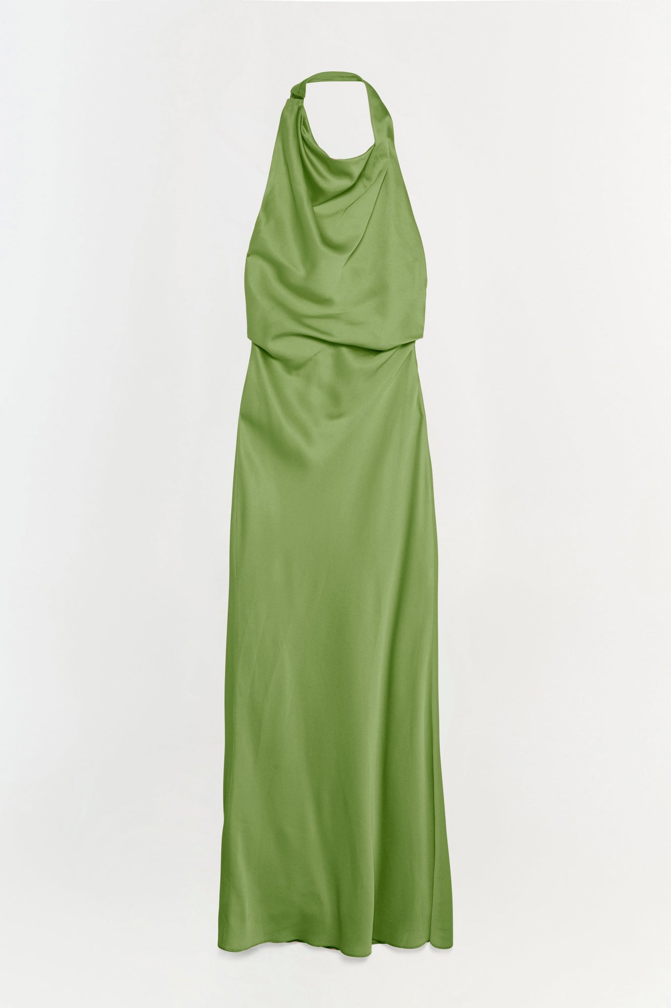 Green satin halter gown with draped neckline and fitted waist on neutral background.