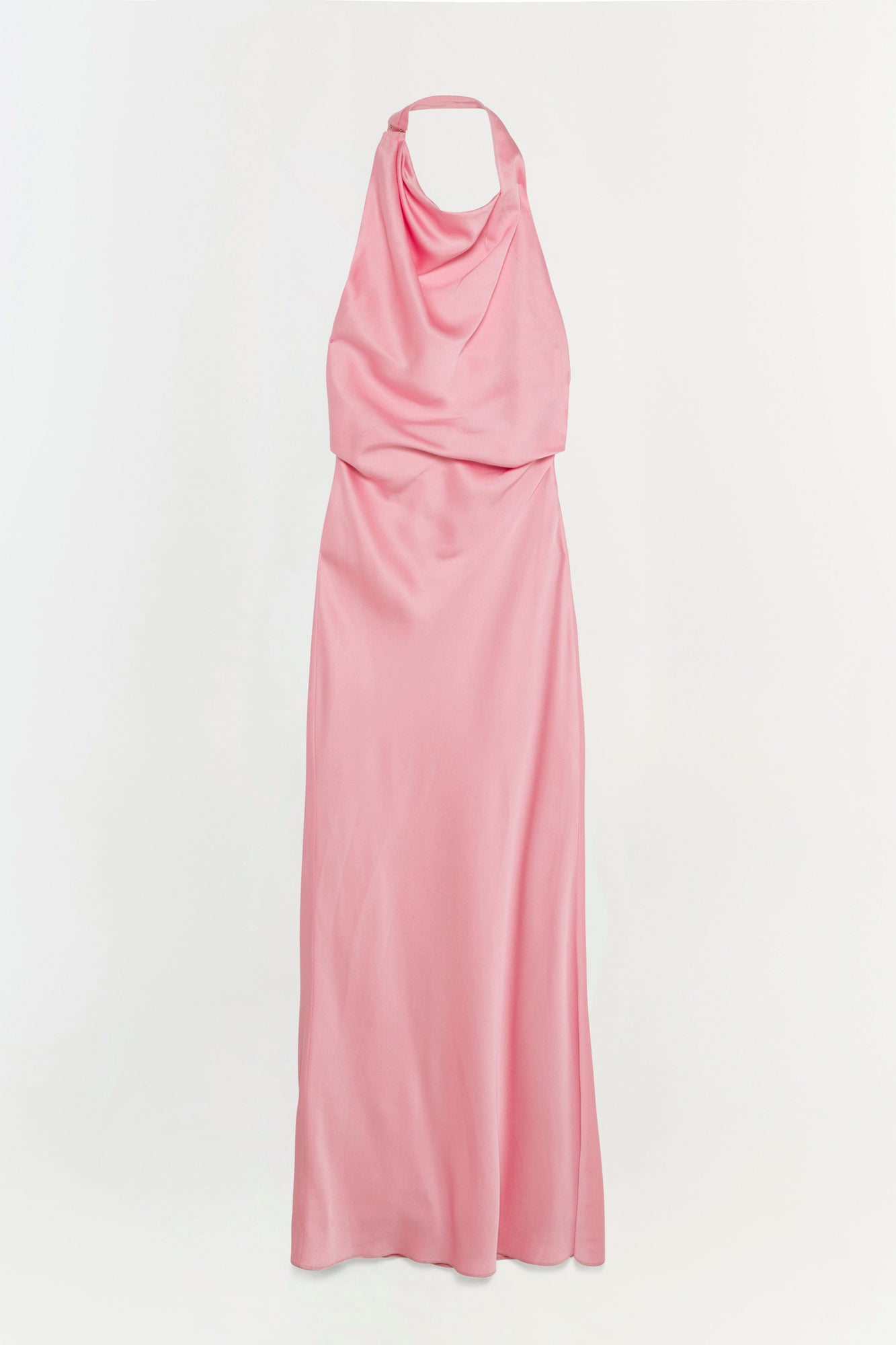 Pink satin halter gown with draped neckline and fitted waist, flowing to floor length.