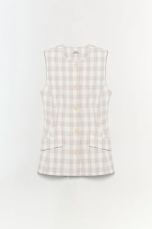 Sleeveless vest in beige and white gingham with button front and two patch pockets.
