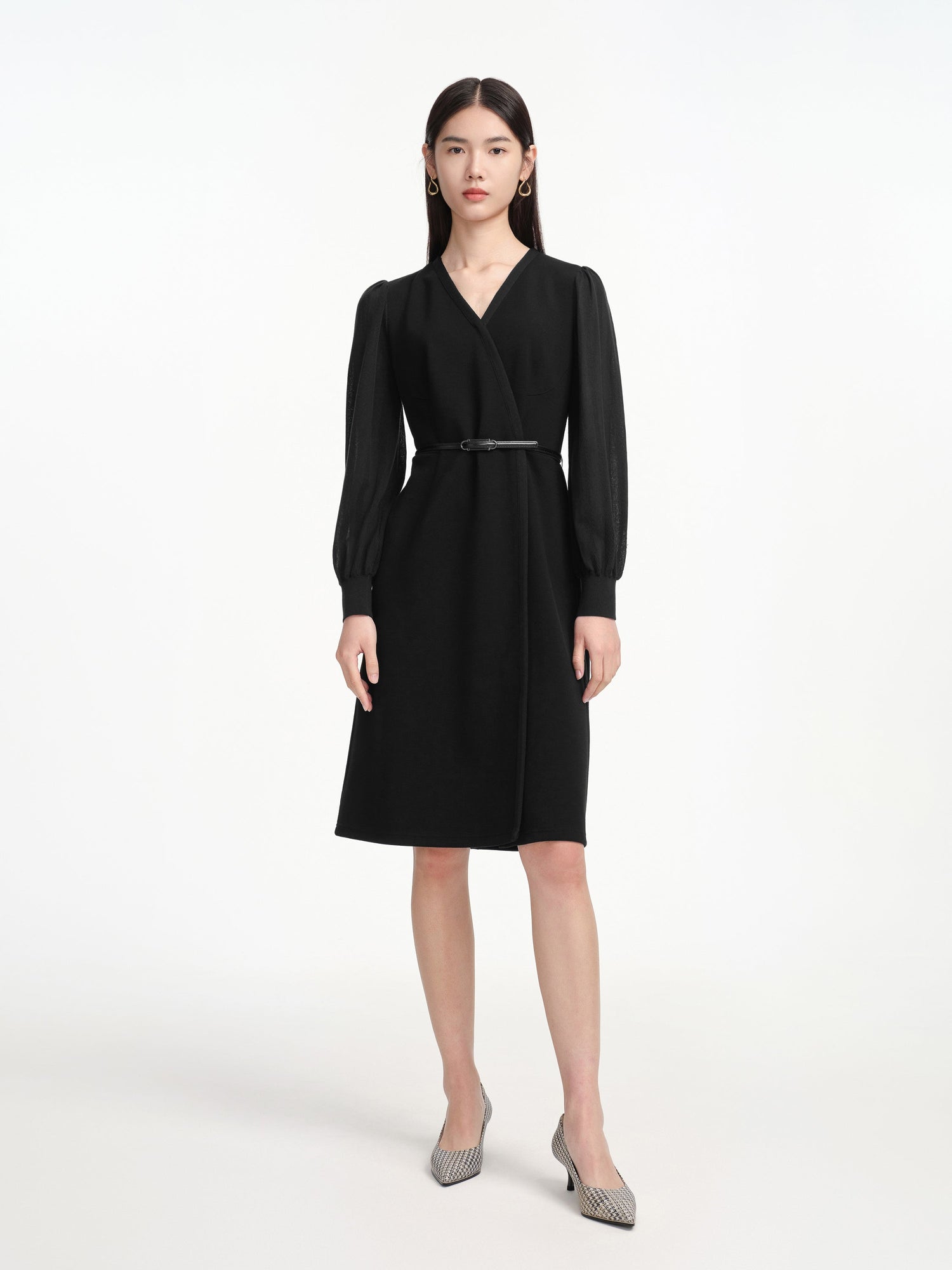 V-Neck Sheer Textured Sleeve Midi Dress | Black