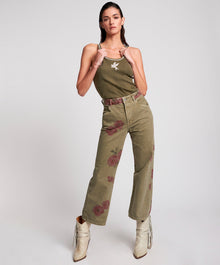 Libertines High Waist Cropped Wide Leg Denim Jeans | Khaki Hibiscus