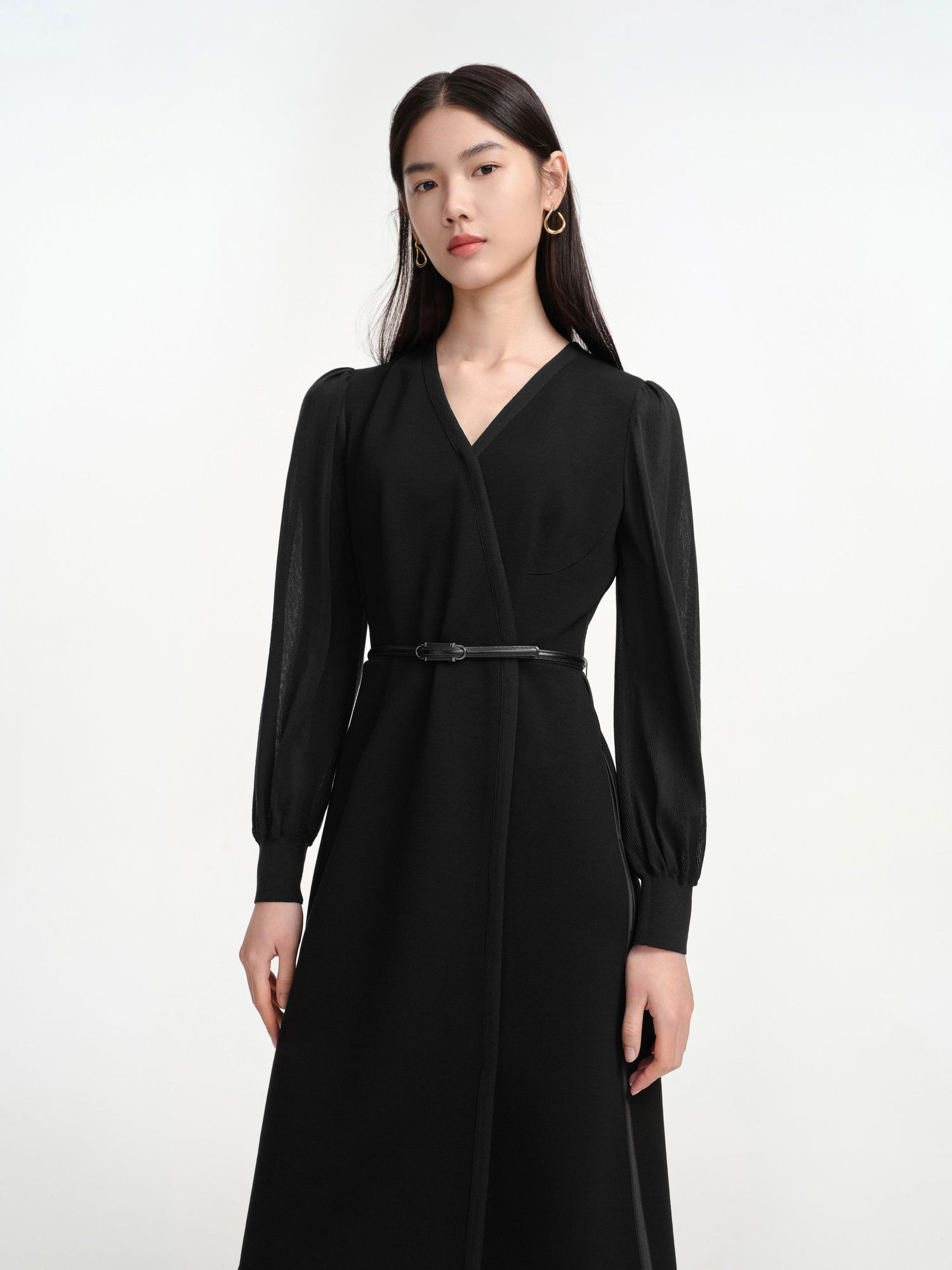 V-Neck Sheer Textured Sleeve Midi Dress | Black