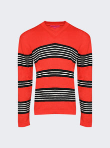 The Elder Statesman | Nora Rollie Stripe V-neck Sweater Neon Red | Multi