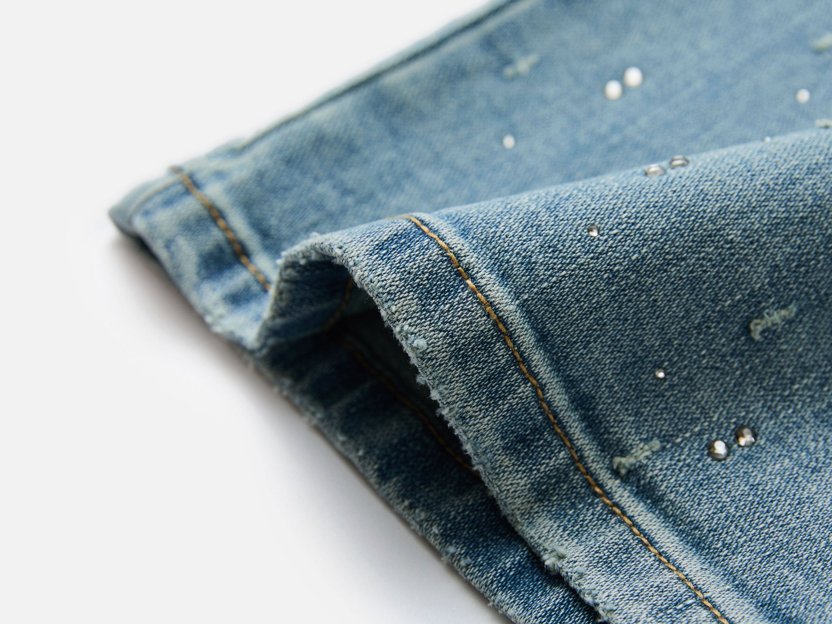 Rhinestone Cotton High-Waist Straight-Leg Jeans | Blue