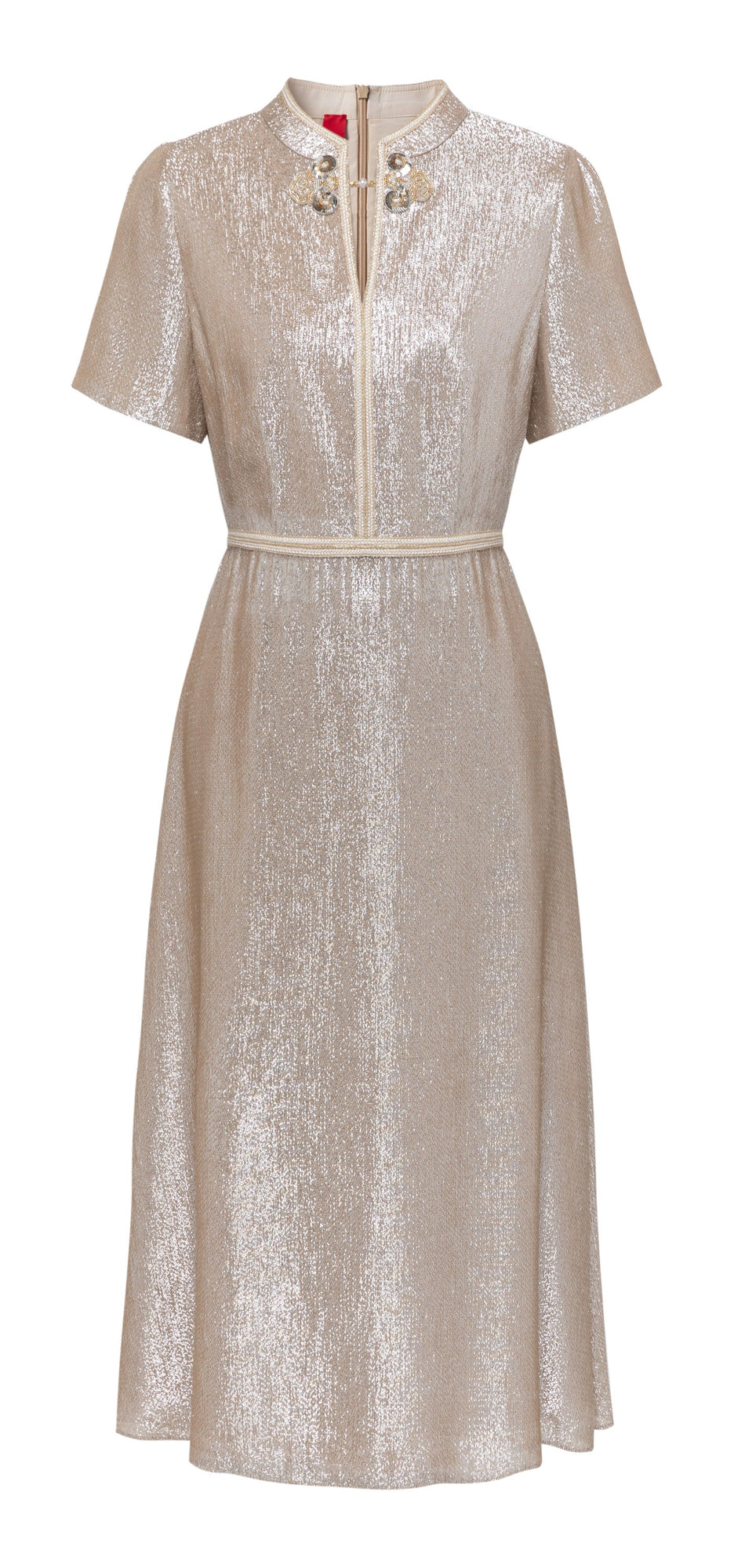 Silk Velvet Jacquard Cinched-Waist Dress | Ivory
