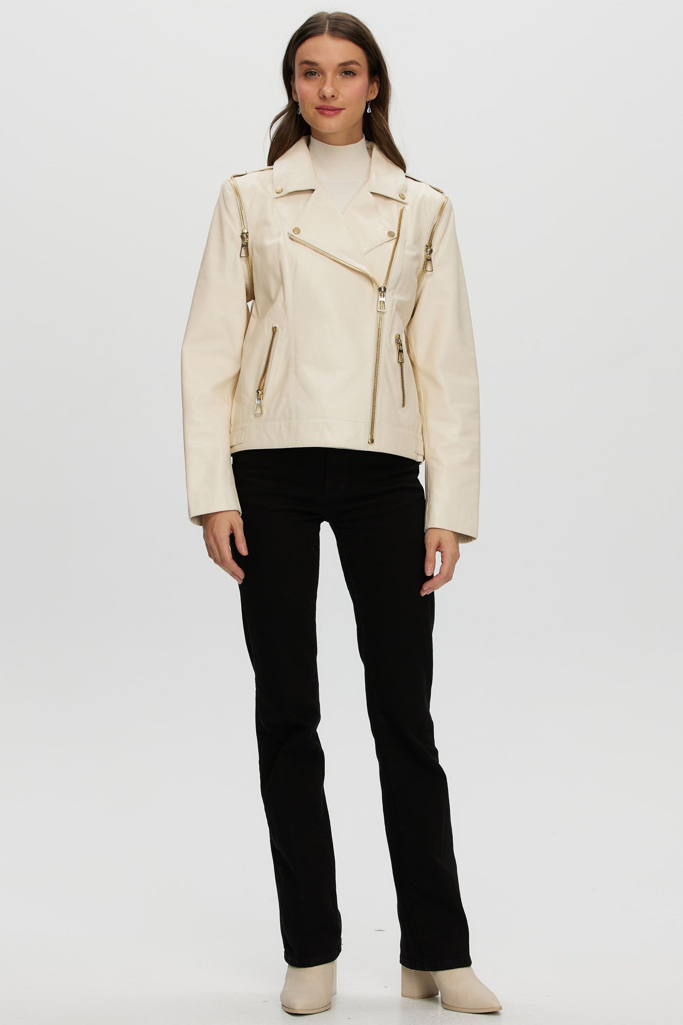 Leather Jacket With Detachable Sleeves | Women | Ivory