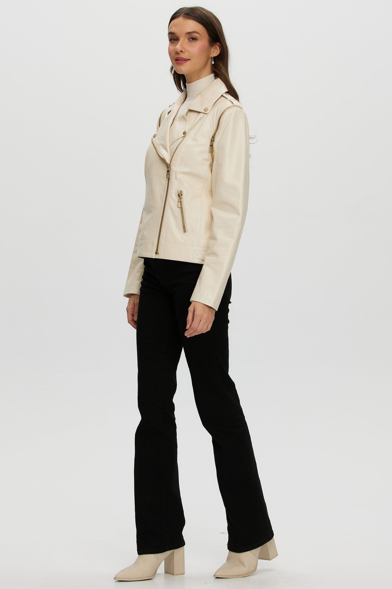 Leather Jacket With Detachable Sleeves | Women | Ivory