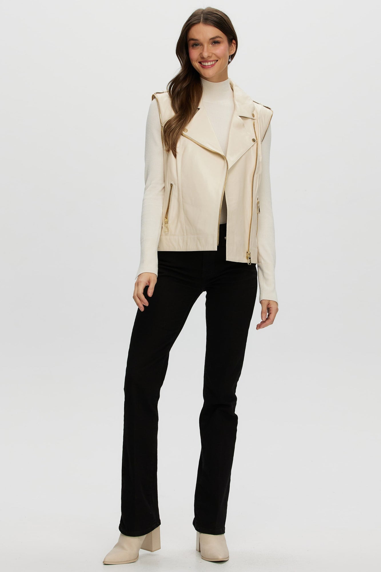 Leather Jacket With Detachable Sleeves | Women | Ivory