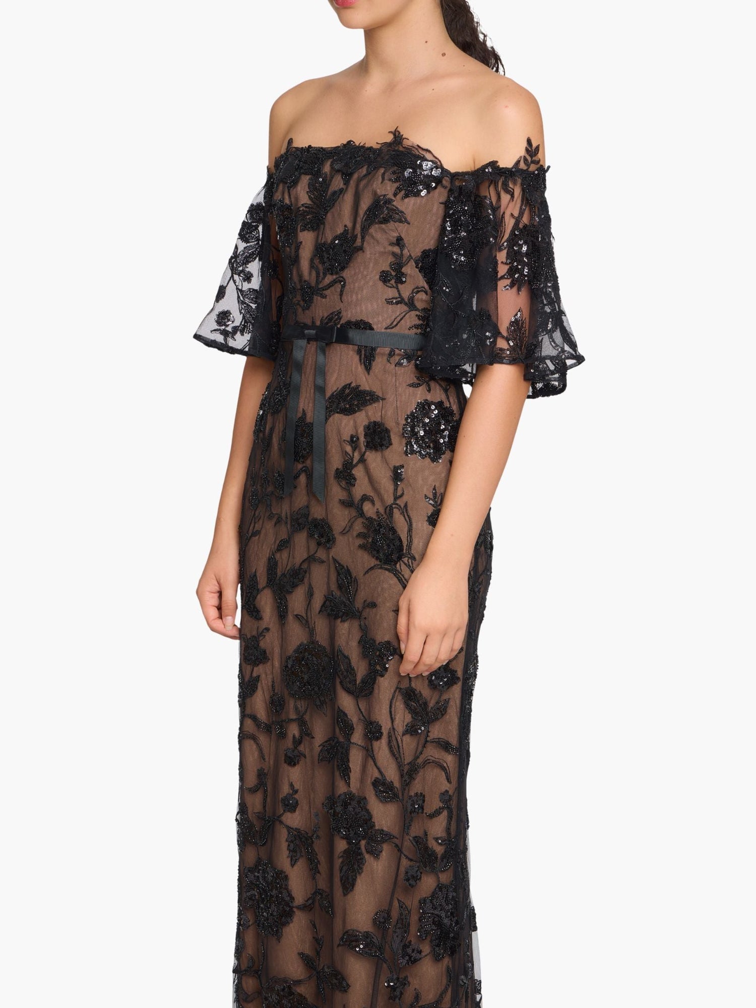 Illusion Murals Off The Shoulder Beaded Illusion Column Gown | Black
