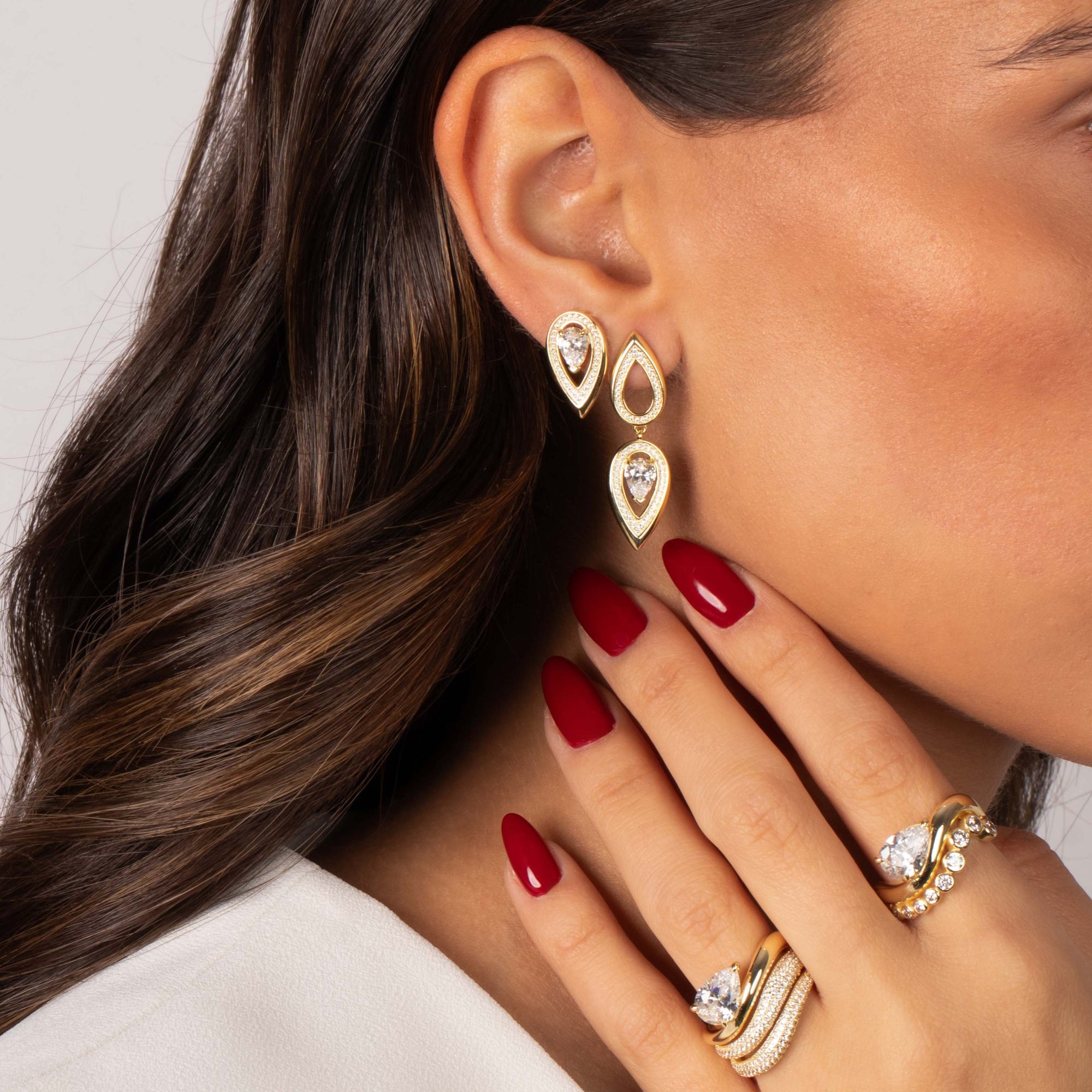 Solid/Pave Waved Triple Band W/ Pear Stone Ring - Adina's Jewels