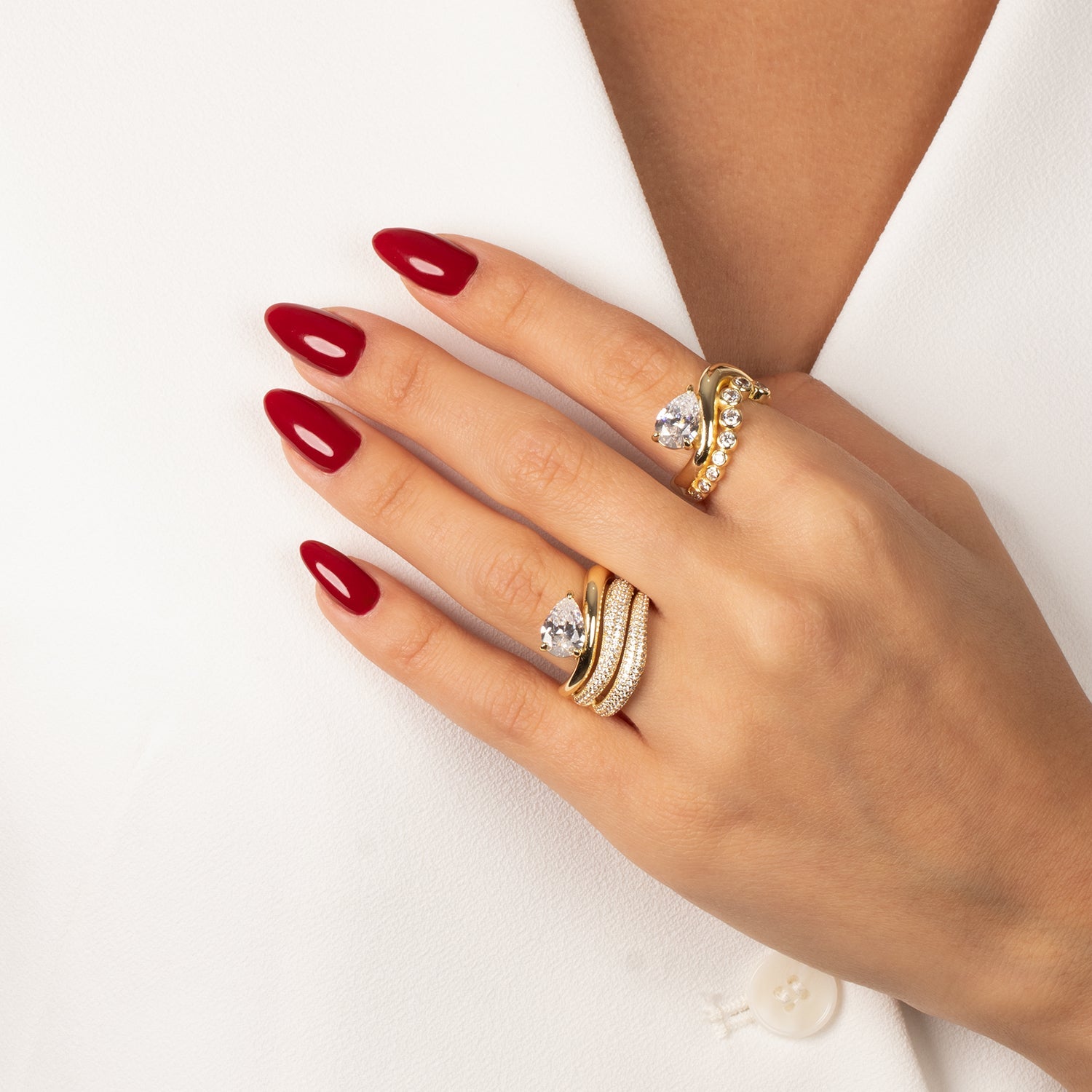 Solid/Pave Waved Triple Band W/ Pear Stone Ring - Adina's Jewels