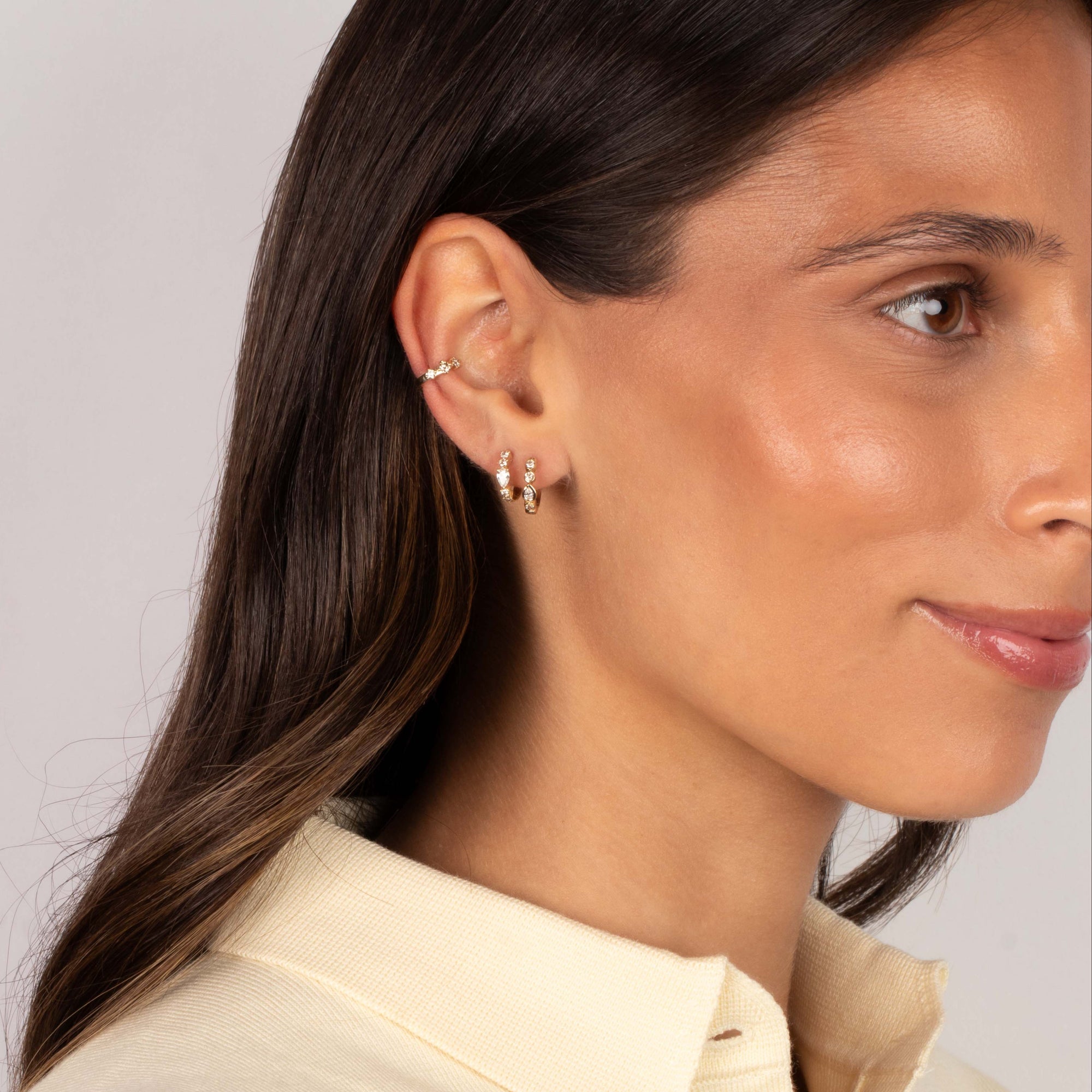 Diamond Bezel Pear & Solitaire Huggie Earring 14K - Adina's Jewels