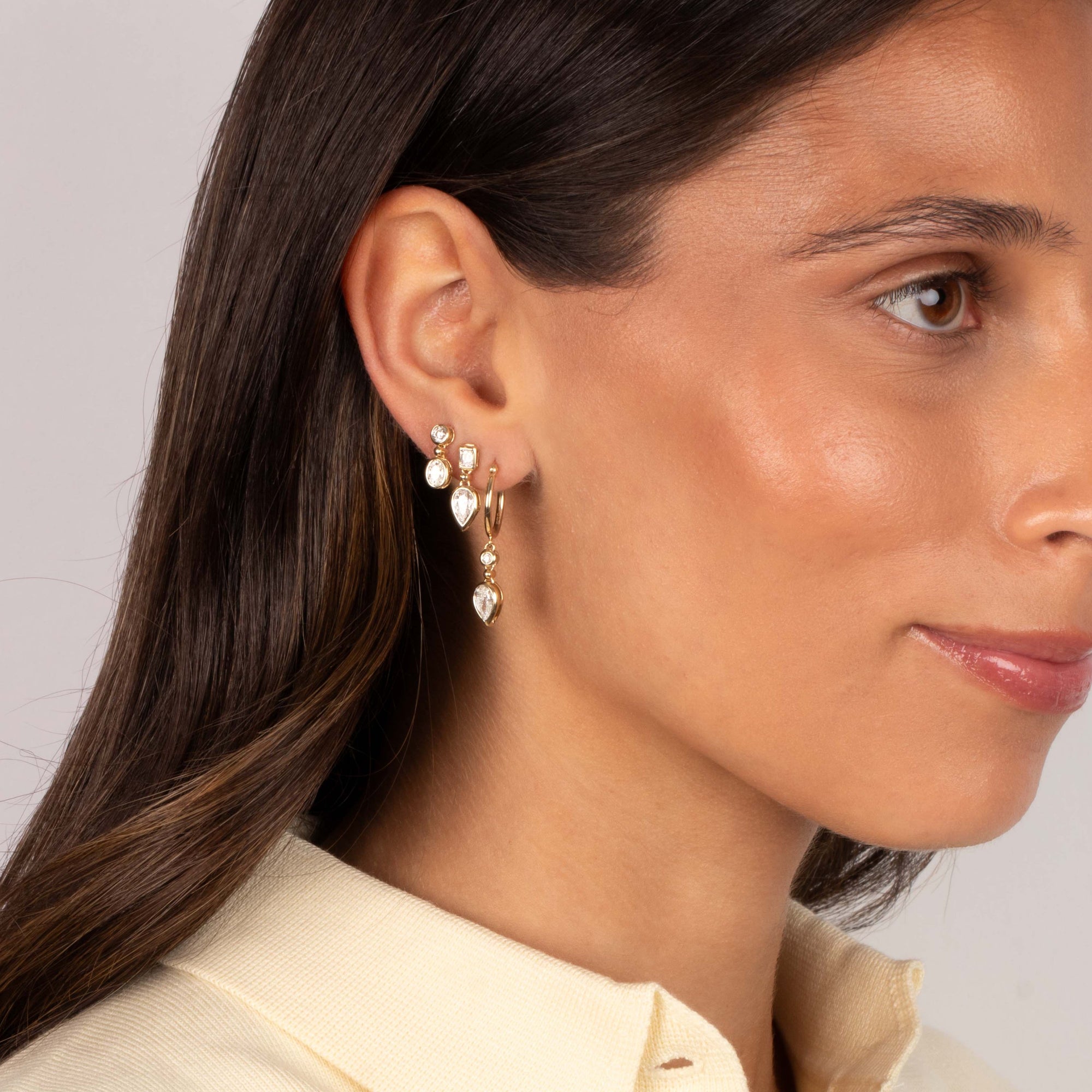 Lab Grown Diamond Solitaire X Pear Bezel Drop Huggie Earring 14K - Adina's Jewels