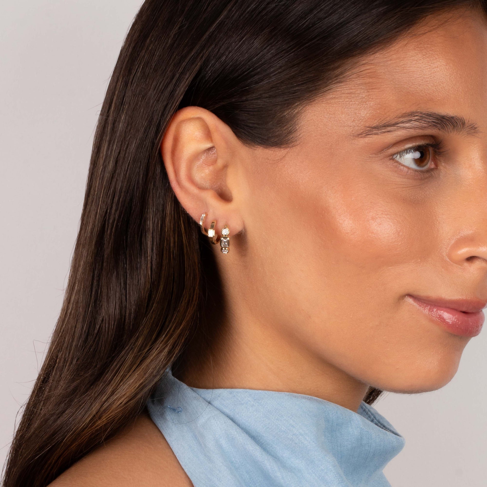 Diamond Emerald Bezel Wide Huggie Earring 14K - Adina's Jewels