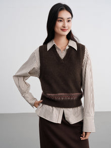Yak Wool Ethnic Jacquard V-Neck Sweater Vest | Brown