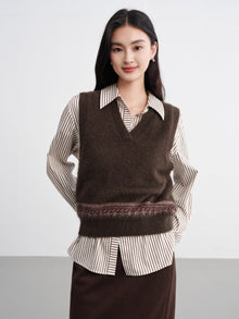 Yak Wool Ethnic Jacquard V-Neck Sweater Vest | Brown