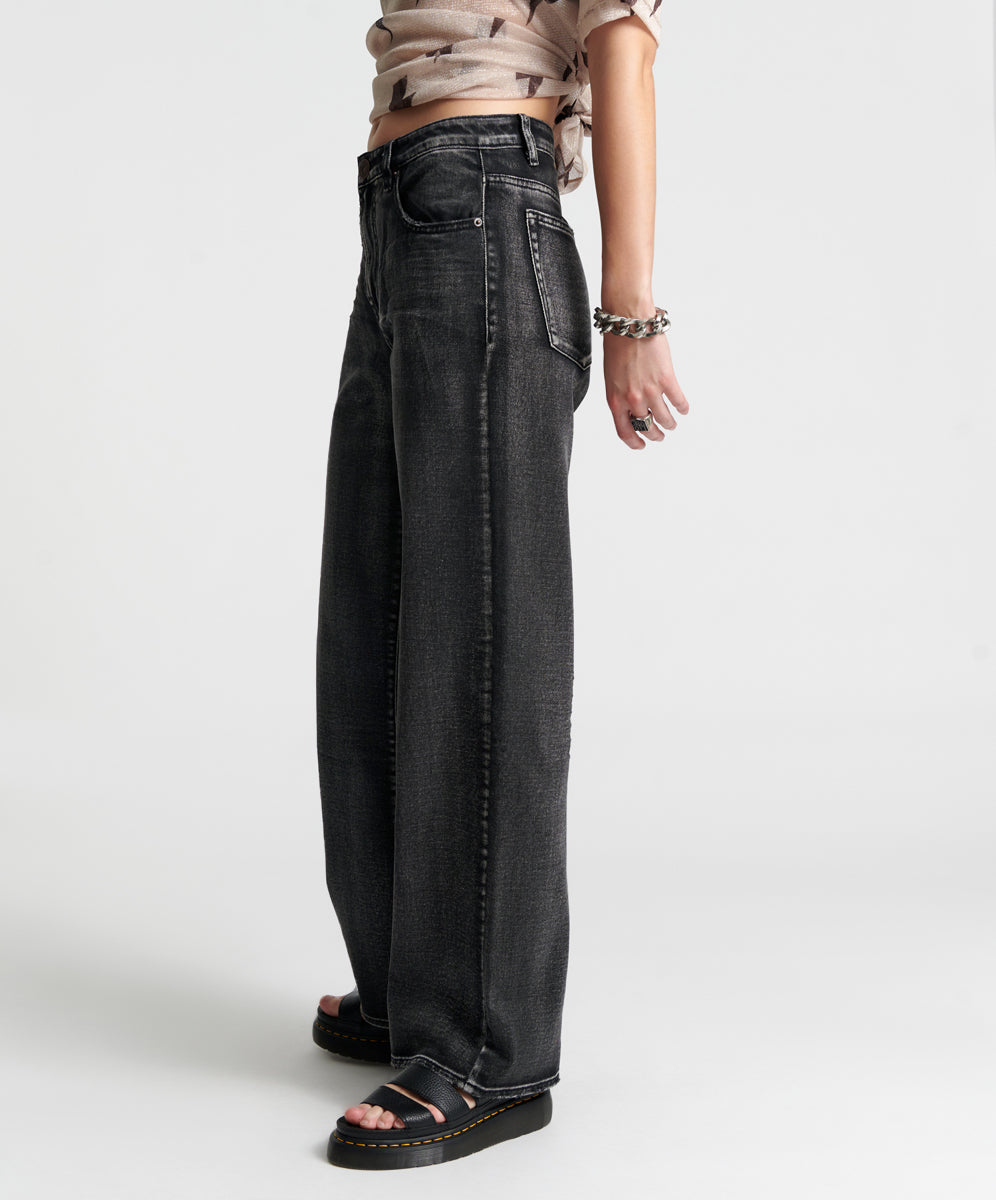 Cut-Out Jackson Mid Waist Wide Leg Denim Jeans | Faded Black