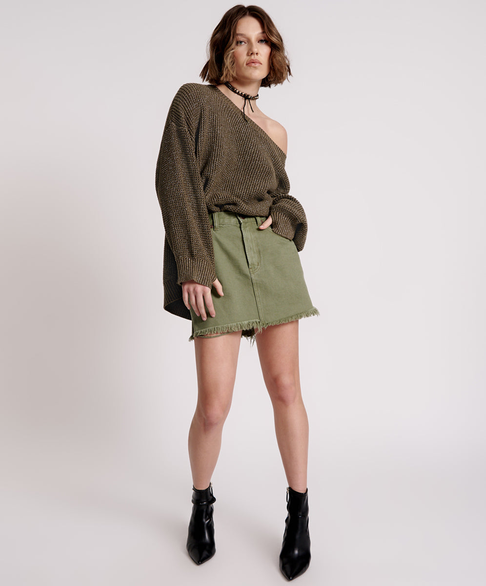 2020 High Waist Mini Denim Skirt | Military Khaki