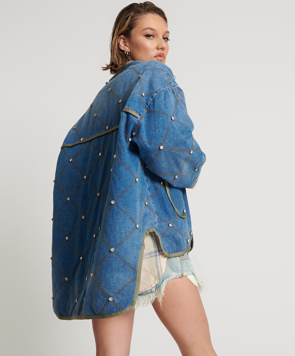 Quilted Crystal Studded Denim Jacket | Bay Blue