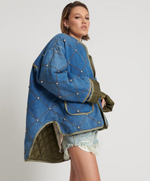 Quilted Crystal Studded Denim Jacket | Bay Blue