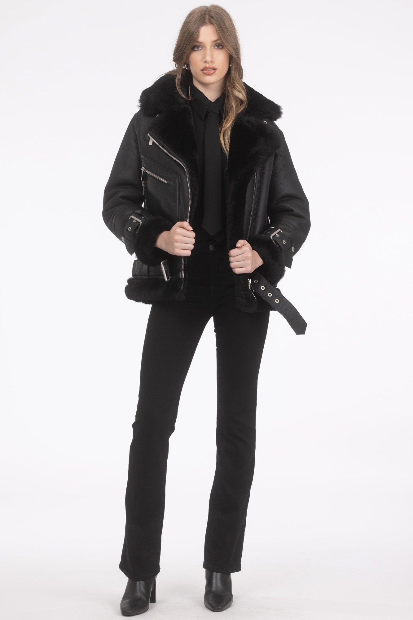 Select Shearling Lamb Zip Moto Jacket | Women | Black