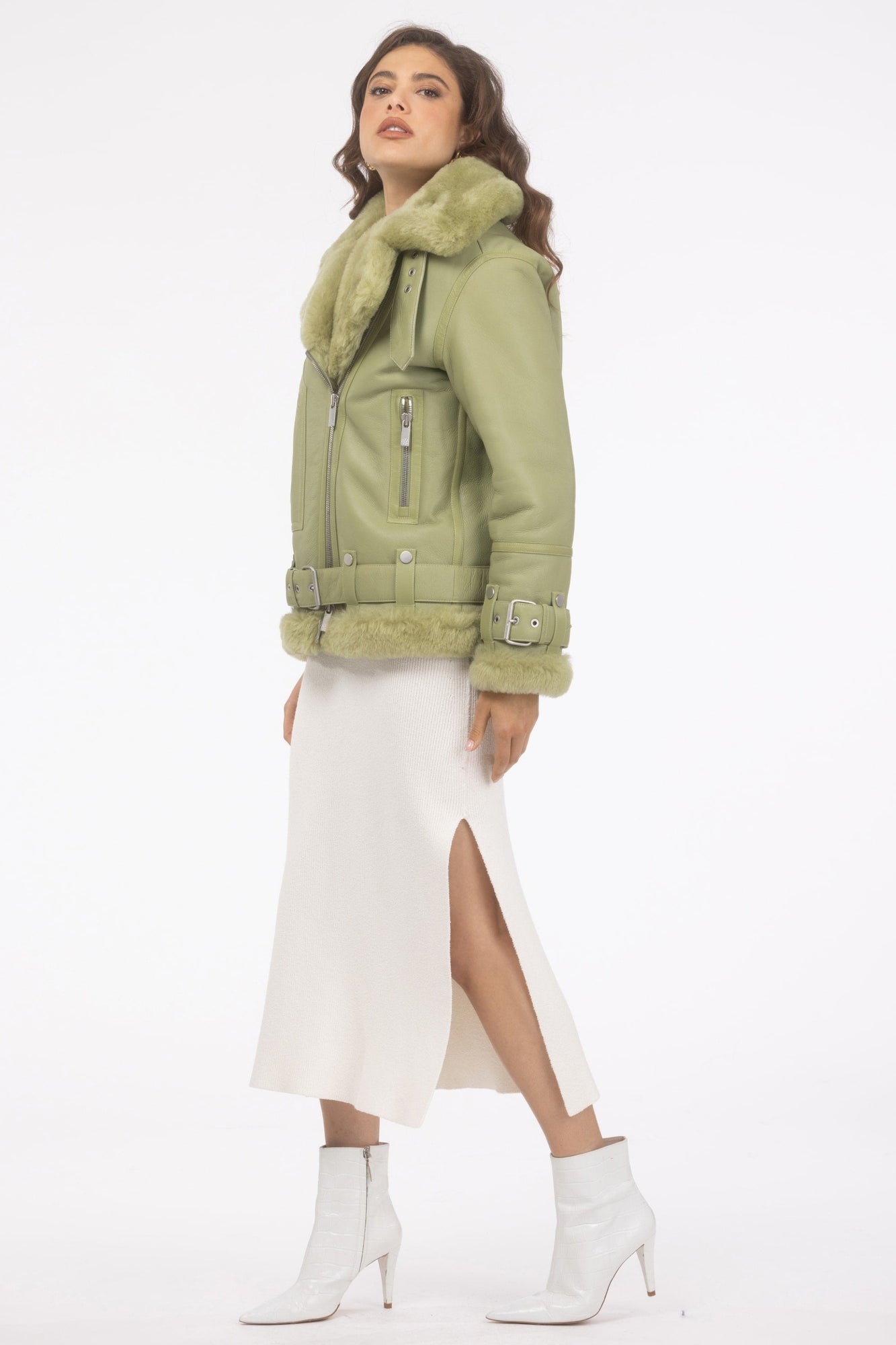 Select Shearling Lamb Zip Moto Jacket | Women | Light Green