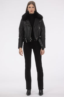 Select Lambskin Moto Zip Jacket With Detachable Toscana Shearling Lamb Collar | Women | Black