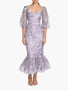 Botanist Bloom Embroidered Puff Sleeve Midi Dress | Lilac