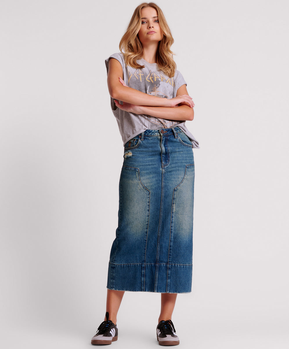 Cassidy Mid Waist Long Denim Column Skirt | Gritty Blue